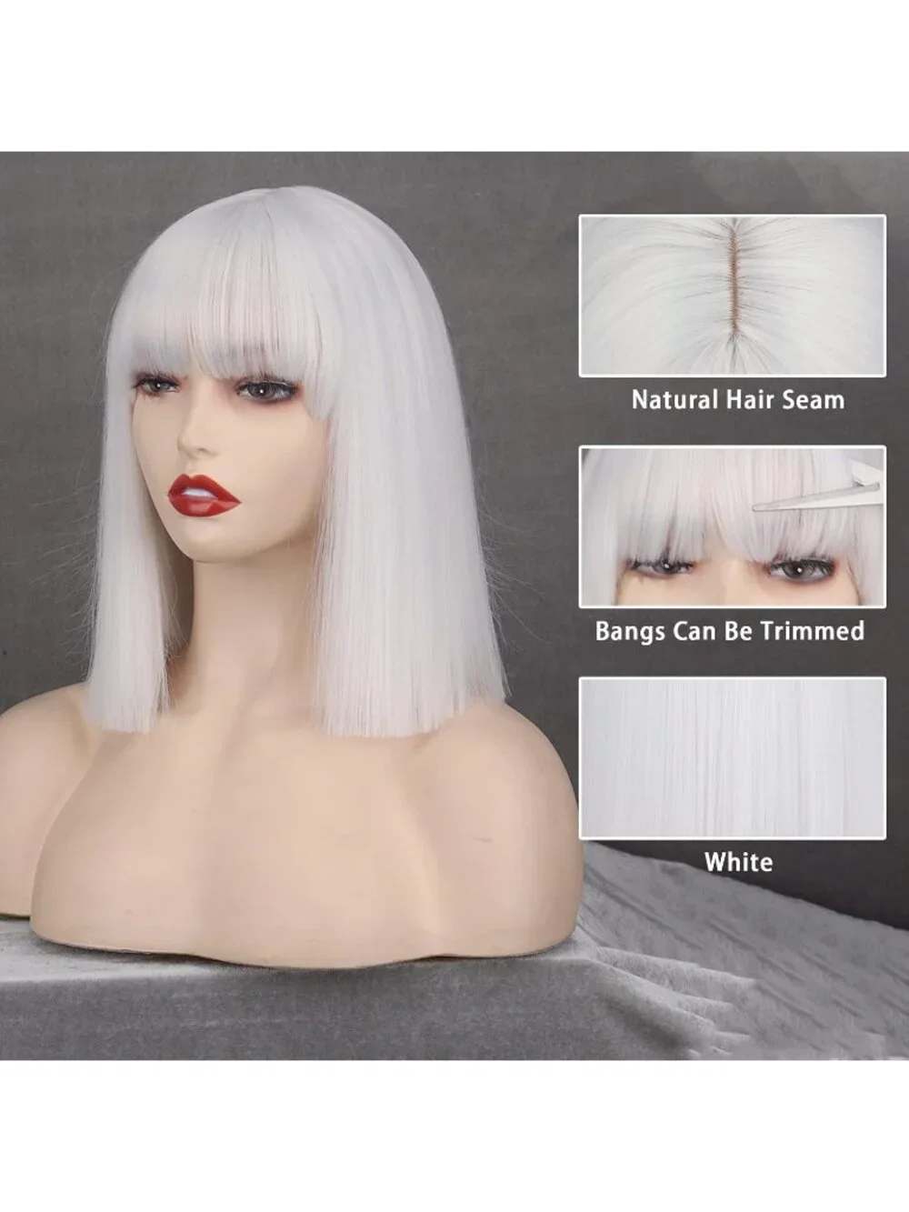 Women's White 11 Inch Heat Resistant Synthetic Short Straight Wigs Bangs